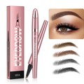 Micro-fork eyebrow pencil in rose gold with 4-tip applicator, packaging, and natural hair-like stroke shade swatches.